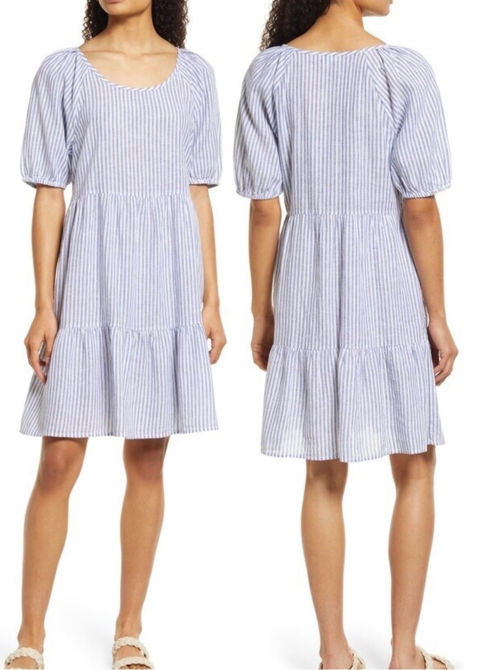 beachlunchlounge Blue and White Striped Tiered Midi Dress